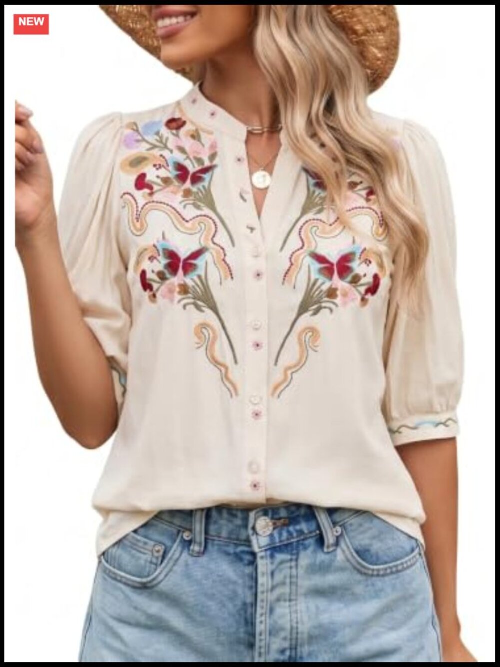 Women's Bohemian Floral Embroidered Blouse with Puff Sleeves
